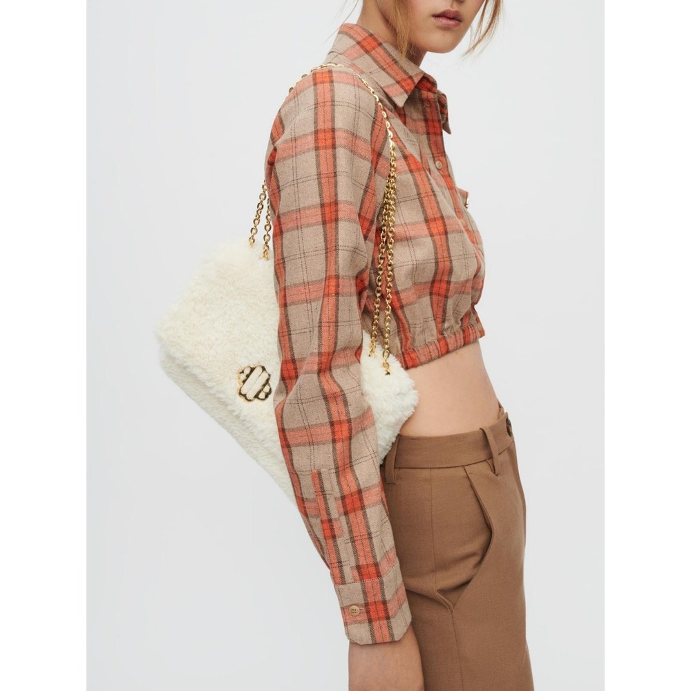 Maje Camel and Orange Plaid Crop Shirt MFPCM00357 Button Down Size 1 Small - Picture 5 of 11